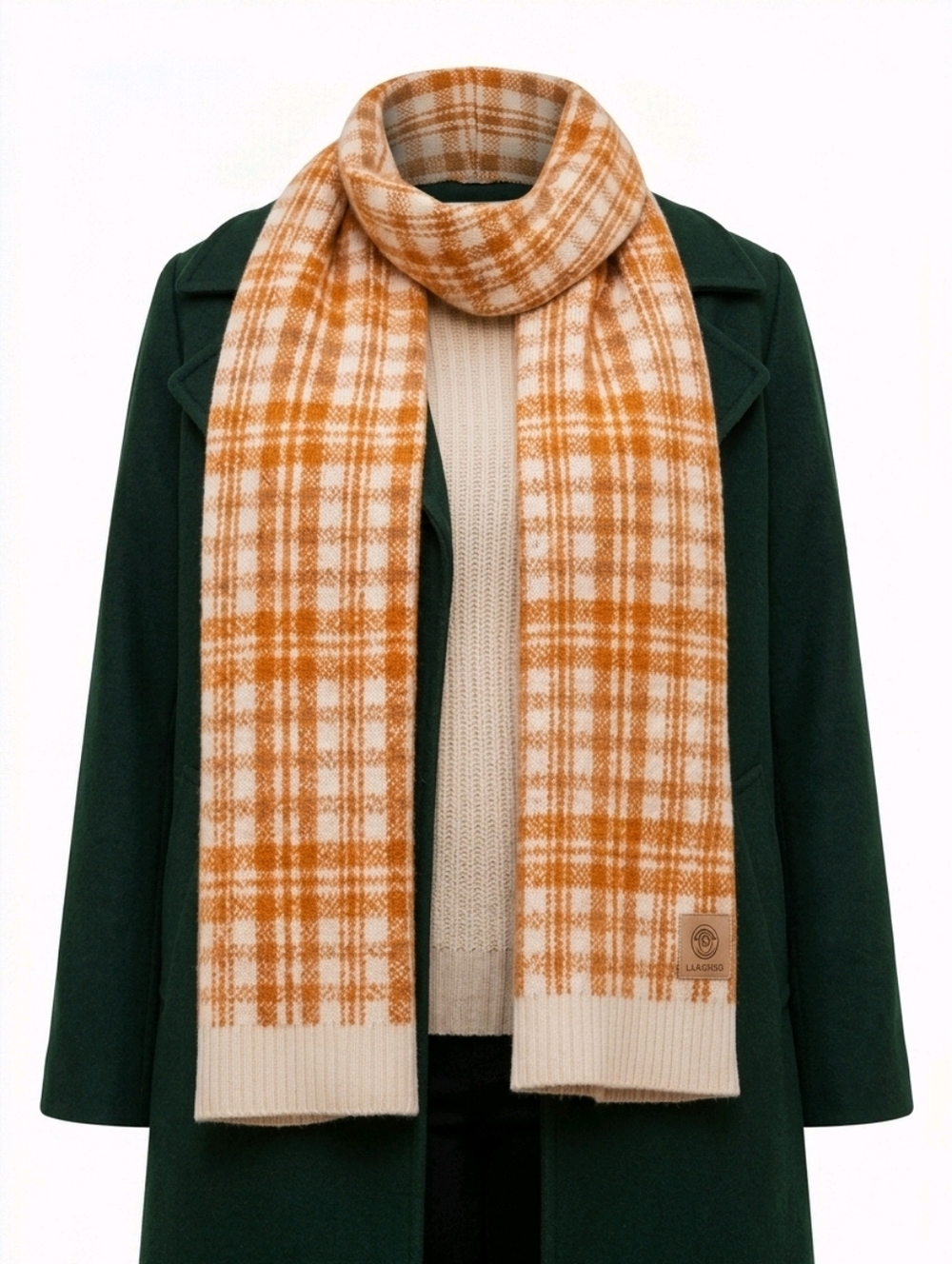 Timberland Cream Gold Small Print Plaid Knit Winter Scarf